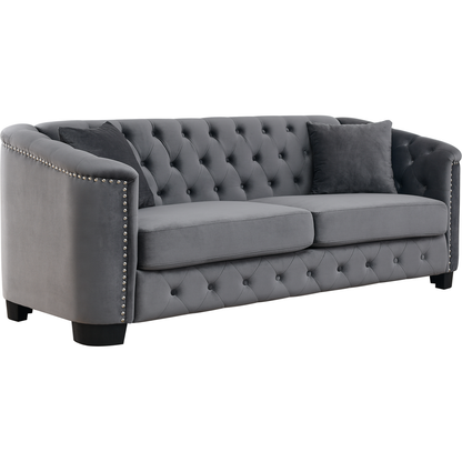 77-Inch Modern Chesterfield Velvet Sofa, 3-Seater Sofa, Upholstered Tufted Backrests with Nailhead Arms and 2 Cushions for Living Room, Bedroom, Apartment, Office (Grey)
