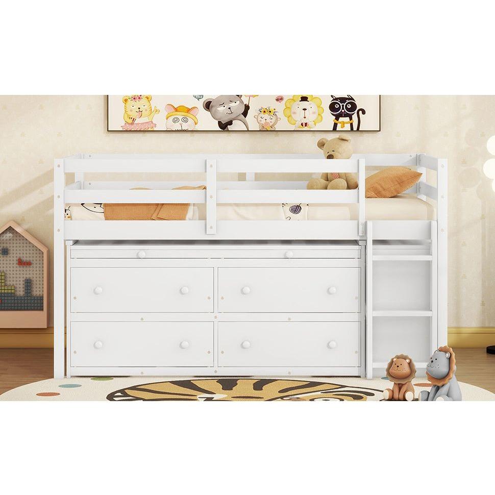 Twin Size Loft Bed with Retractable Writing Desk and 4 Drawers, Wooden Loft Bed with Lateral Portable Desk and Shelves, White