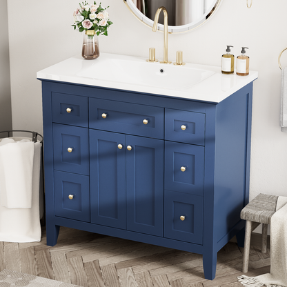 36" Bathroon Vanity with Resin Sink Combo Set, Modern Freestanding Single Bathroom Cabinet with 6 Drawers & 2 Cabinets, Storage Cabinet for Bathroom, Solid Wood Frame Vanity Set, Blue