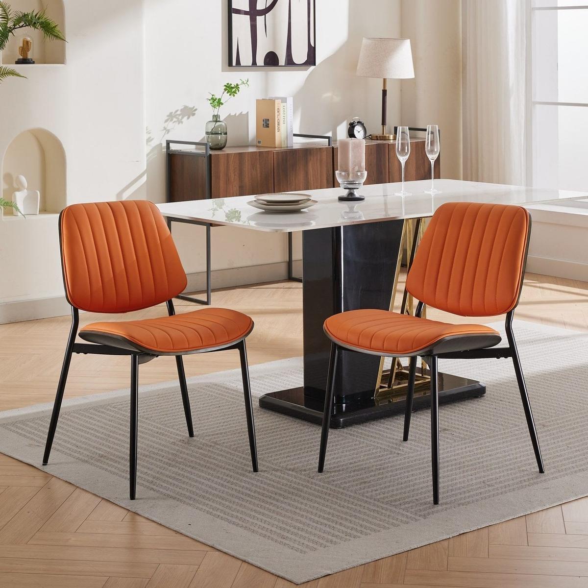Dining Chairs Set of 2 Mid Century Modern Retro Faux Leather Chair with Walnut Bentwood Back Upholstered Seat Metal Legs Adjustable Foot for Kitchen Dining Room Chairs(Orange PU)