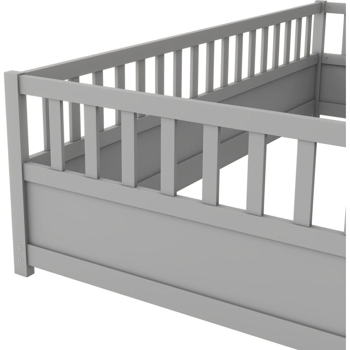 Twin Size Floor bed, integral construction with super high security barrier, door, children's floor bed frame, Montessori wooden children's floor bed, Grey