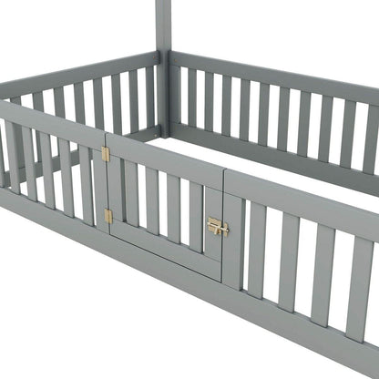 Twin Size Wood House Bed with Fence and Door, Gray