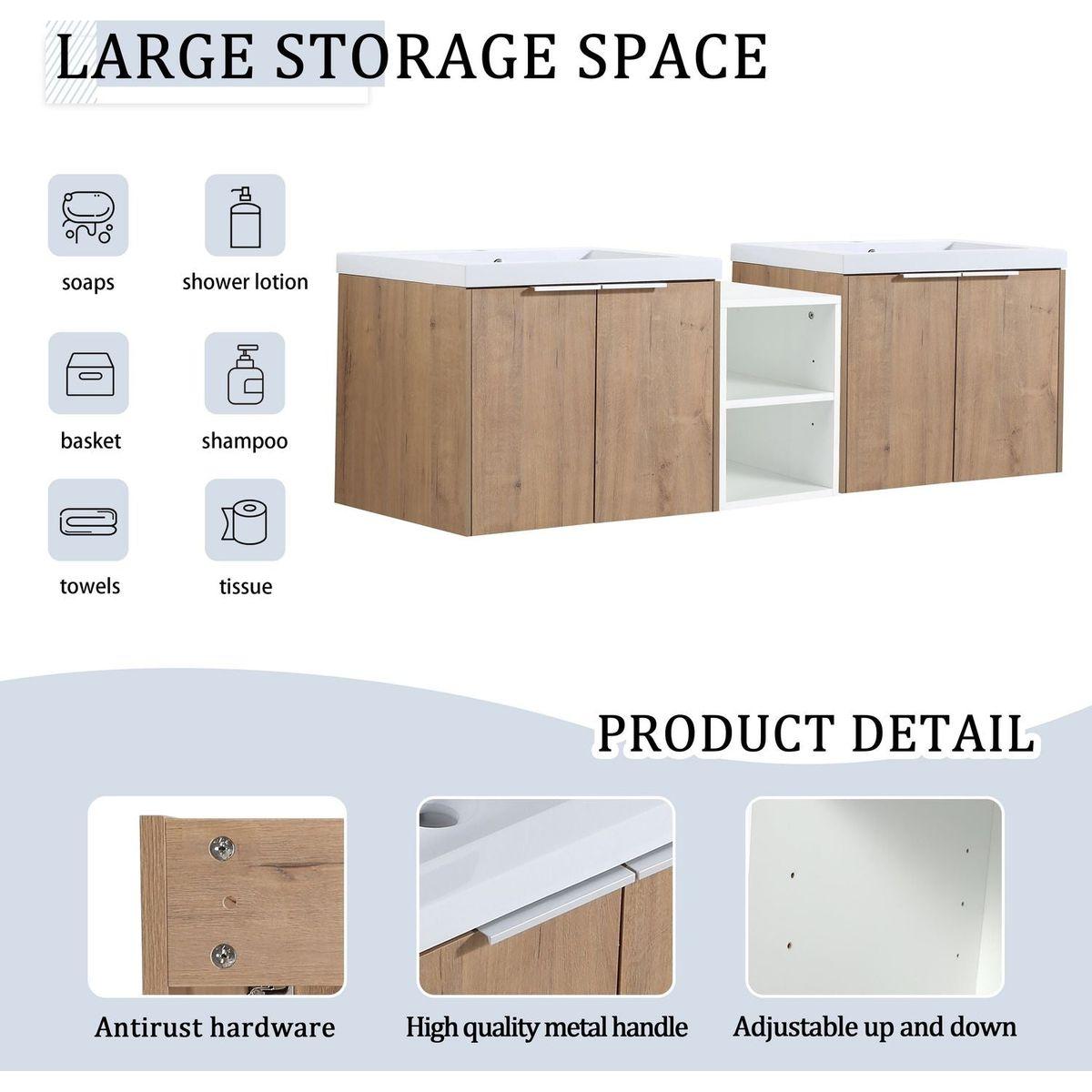 60 Inch Soft Close Doors Bathroom Vanity With Sink, A Small Storage Shelves, 24" and 12" Combination Cabinet,(KD-Packing)