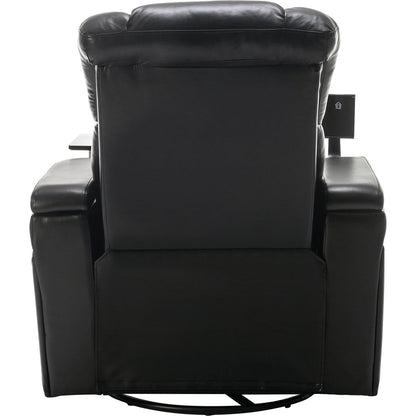 270 Degree Swivel PU Leather Power Recliner Individual Seat Home Theater Recliner with Comforable Backrest, Tray Table, Phone Holder, Cup Holder, USB Port, Hidden Arm Storage for Living Room, Black