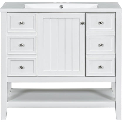 36" Bathroom Vanity with Sink Combo, One Cabinet and Three Drawers, Solid Wood and MDF Board, White