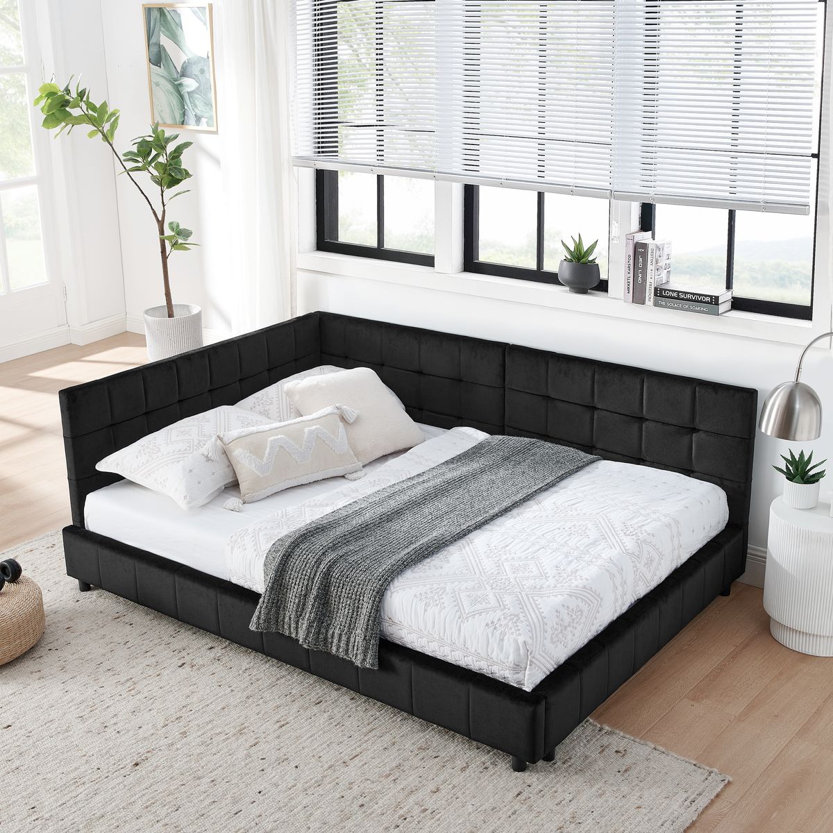 Full Size Upholstered Tufted  Bed Frame, Sofa Bed Frame with Comfortable Backrest and Armrests, Full Size Bed for Bedroom, Living Room,Velvet, Black(80.5''*59''*30.5'')