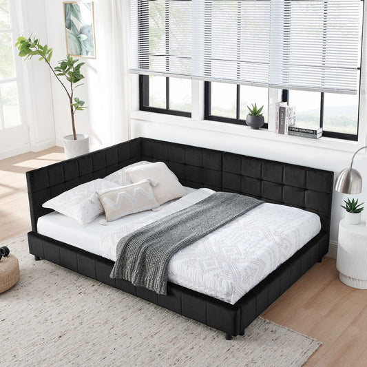 Full Size Upholstered Tufted  Bed Frame, Sofa Bed Frame with Comfortable Backrest and Armrests, Full Size Bed for Bedroom, Living Room,Velvet, Black(80.5''*59''*30.5'')
