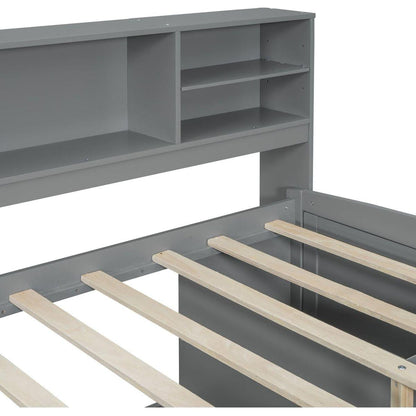 Full Size Wood Daybed with 2 Bedside Cabinets, Upper Shelves and 4 Drawers, Gray