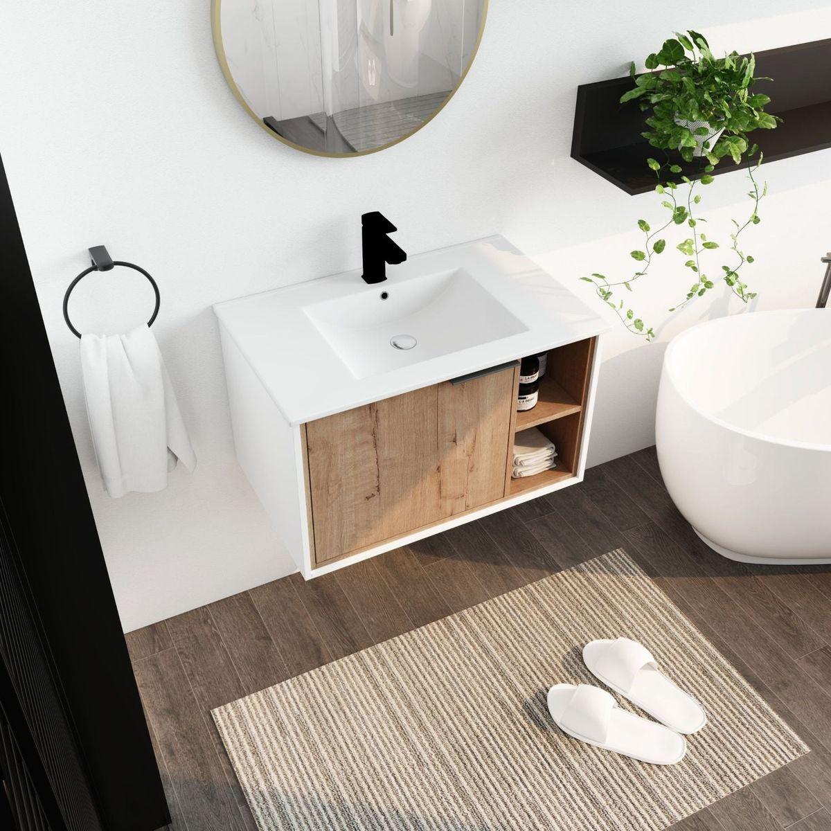 30" Floating Wall-Mounted Bathroom Vanity with Ceramics Sink & Soft-Close Cabinet Door