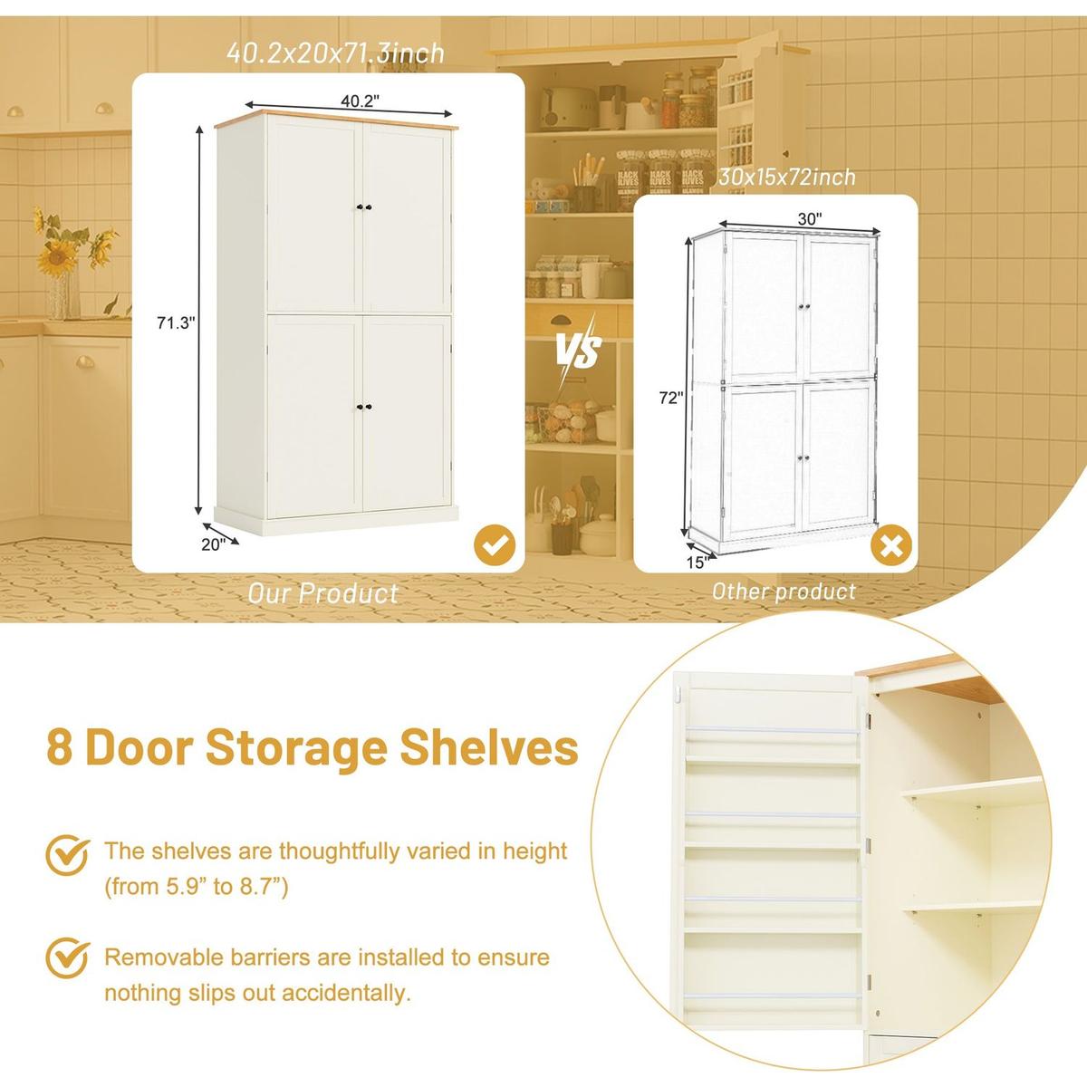 [Assembly Video Provided]40.2x20x71.3inch High Freestanding Kitchen Pantry Large Cupboard Storage Cabinet with 2 Drawers, 2 Adjustable Shelves, 8 Door Shelves for Kitchen, Dining Room,Cream