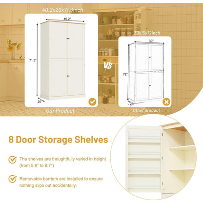 [Assembly Video Provided]40.2x20x71.3inch High Freestanding Kitchen Pantry Large Cupboard Storage Cabinet with 2 Drawers, 2 Adjustable Shelves, 8 Door Shelves for Kitchen, Dining Room,Cream