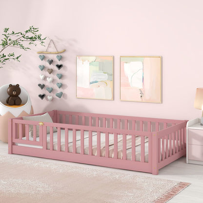 Twin size Floor Platform Bed with Fence and Door ,Pink
