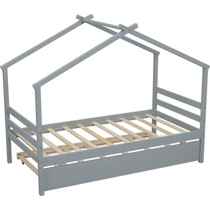 Twin Size House-shaped Bed with Trundle,Grey