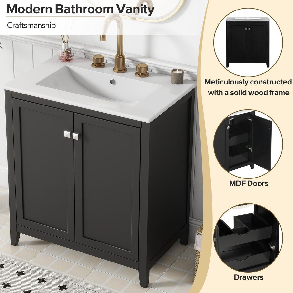 30inch Freestanding Bathroom Vanity Combo with Ceramic Sink Shaker Style Vanities -2 Doors and 2 Drawers