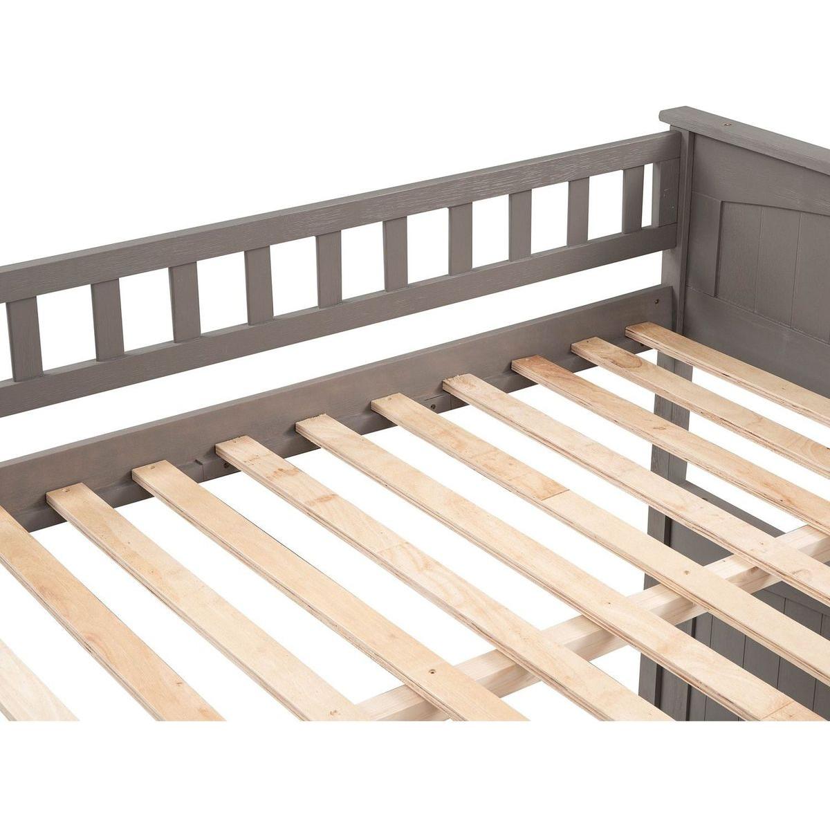 Full Over Full Bunk Bed with Twin Size Trundle, Pine Wood Bunk Bed with Guardrails, Brushed Gray