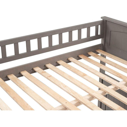 Full Over Full Bunk Bed with Twin Size Trundle, Pine Wood Bunk Bed with Guardrails, Brushed Gray