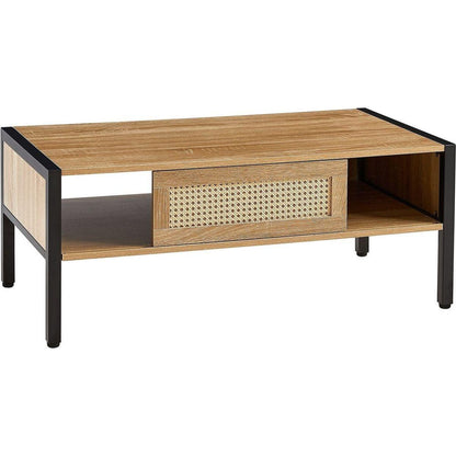 40.16" Rattan Coffee table, sliding door for storage, metal legs, Modern table for living room, natural