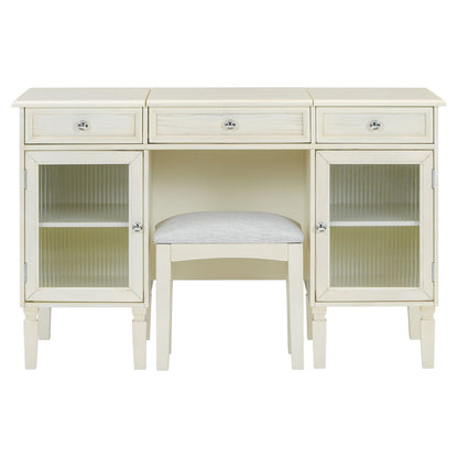 Multi-Functional 2-in-1 Vanity Desk with Flip-Top Mirror, White Oak, MDF Material, 46.5-Inch