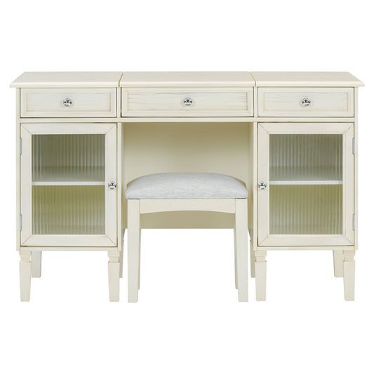 Multi-Functional 2-in-1 Vanity Desk with Flip-Top Mirror, White Oak, MDF Material, 46.5-Inch