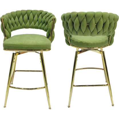 Bar Chair Linen Woven Bar Stool Set of 4,Golden legs Barstools No Adjustable Kitchen Island Chairs,360 Swivel Bar Stools Upholstered Bar Chair Counter Stool Arm Chairs with Back Footrest, (Green)