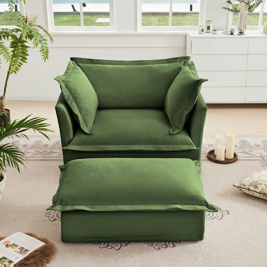 Upholstered Slipcovered Armchair with Ottoman,  Deep Seat Armchair W/ Wide Ottoman for Living Room, Armchair Sets with Large Soft Pillows(Set of 2),Chenille Fabric,Green