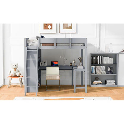 Full Size Loft Bed with Desk and Shelf - Gray