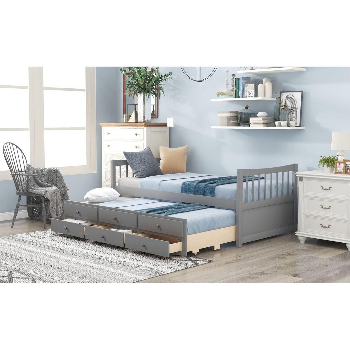 Daybed with Trundle and Drawers, Twin Size, Gray