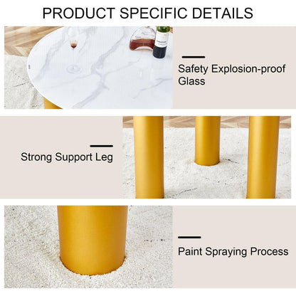 Round white dining table, artificial marble glass stickers, golden MDF legs, kitchen dining table, living room dining table 40 "x 40" x 29.4 "F-X03