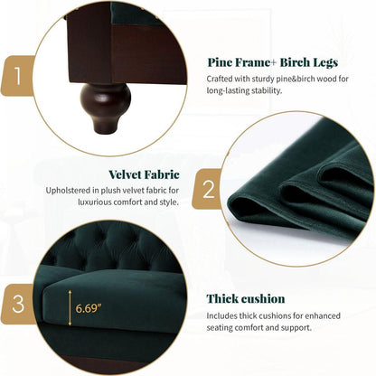 VIVALUX 59.44" Chesterfield Velvet Loveseat Sofa,2-Person Rolled Arm Dutch Plush Upholstered Sofa Couch with Tufted Button for Living Room, Bedroom, Small Places,Forest Green