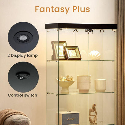 4-Tier Glass Display Cabinet, Double Door Glass Cabinet, Four Partitions, Two Locks, Floor Standing Storage Cabinet for Living Room, Bedroom, Showroom and Office, Black, 31.5"L x 14.2"W x 66.3"H