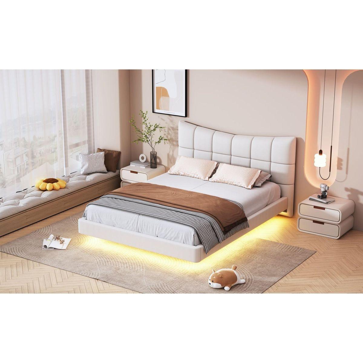 Full Size Upholstered Platform Bed with LED Lights,USB Ports and Outlets,Linen Fabric,Beige