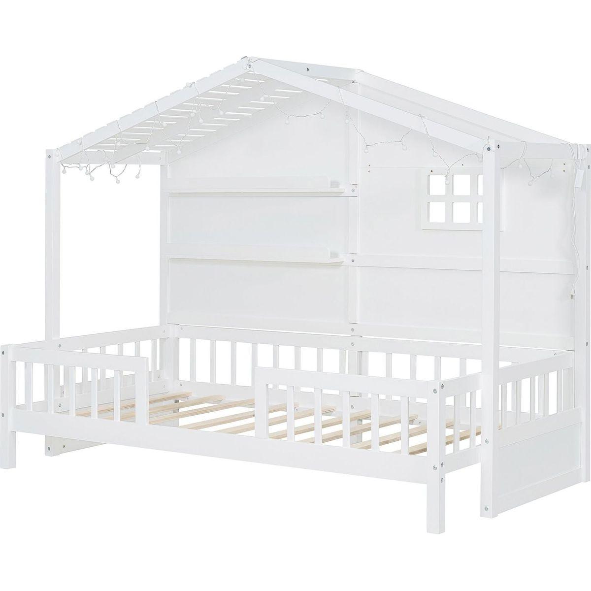 Twin Size House Bed with Shelves, House Bed with Window and Sparkling Light Strip on the Roof, White