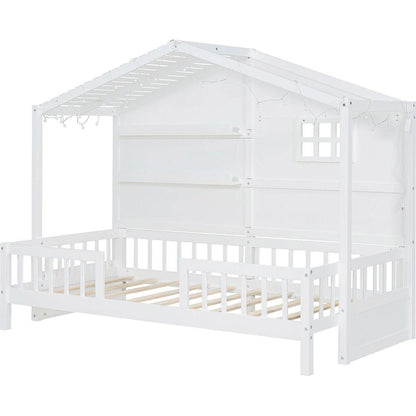 Twin Size House Bed with Shelves, House Bed with Window and Sparkling Light Strip on the Roof, White