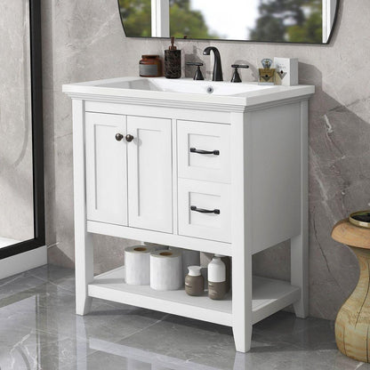 30" Bathroom Vanity with Ceramic Sink Top, Vanity Cabinet with Multi-Functional Drawer, Solid Wood Legs, White