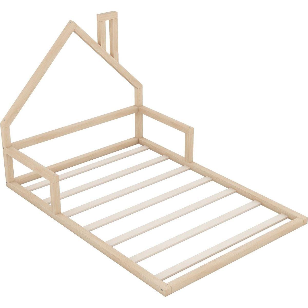 Full Size Wood Floor Bed with House-shaped Headboard, Natural