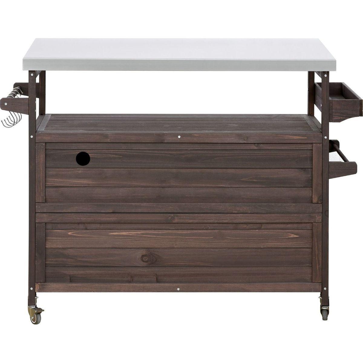 Outdoor Kitchen Island, Rolling Bar Cart & Storage Cabinet, Farmhouse Solid Wood Outdoor Grill Table with Stainless Steel Top, Spice Rack, Towel Rack for Kitchen & Barbecue, Dark Brown