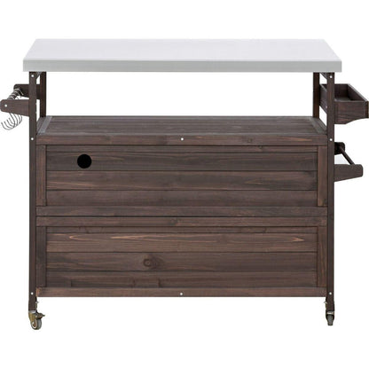 Outdoor Kitchen Island, Rolling Bar Cart & Storage Cabinet, Farmhouse Solid Wood Outdoor Grill Table with Stainless Steel Top, Spice Rack, Towel Rack for Kitchen & Barbecue, Dark Brown