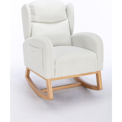 Teddy Fabric Rocking Chair With Packet Wood Legs,Ivory