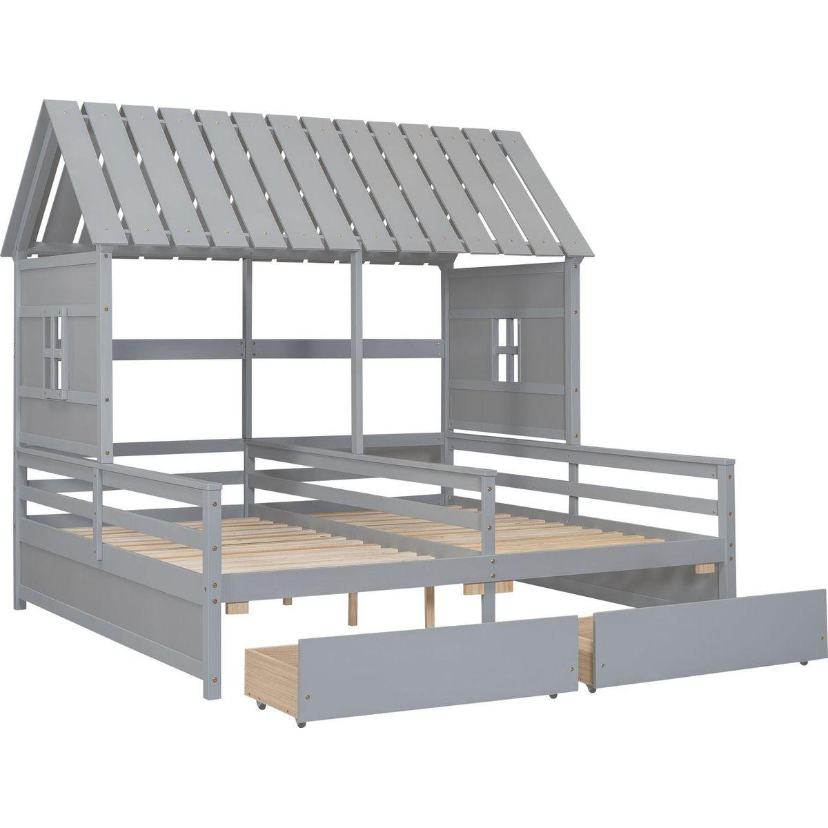 Twin Size House Platform Beds with Two Drawers for Boy and Girl Shared Beds, Combination of 2 Side by Side Twin Size Beds, Gray