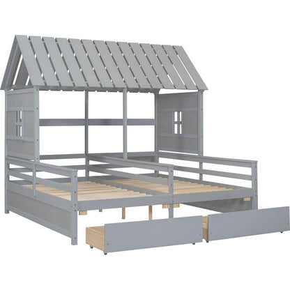 Twin Size House Platform Beds with Two Drawers for Boy and Girl Shared Beds, Combination of 2 Side by Side Twin Size Beds, Gray