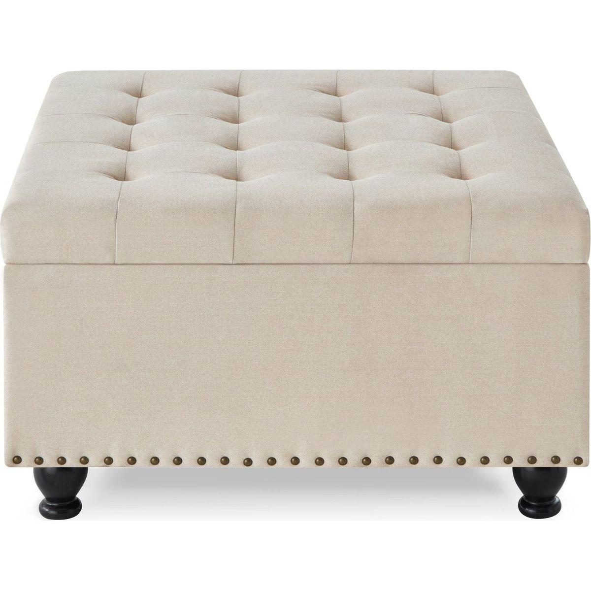 Large square storage ottoman with wooden legs, Upholstered button tufted coffee table with nail trims for Living Space,Beige
