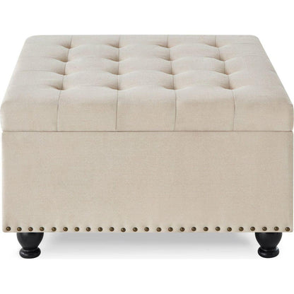 Large square storage ottoman with wooden legs, Upholstered button tufted coffee table with nail trims for Living Space,Beige