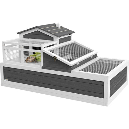 3-Room Tortoise House Habitat with Balcony & 2 Stories, Indoor/Outdoor Wooden Tortoise Enclosure with Ladder, Tray, Openable Roof, Large Reptile Cage, 44" x 25.5" x 23", Gray