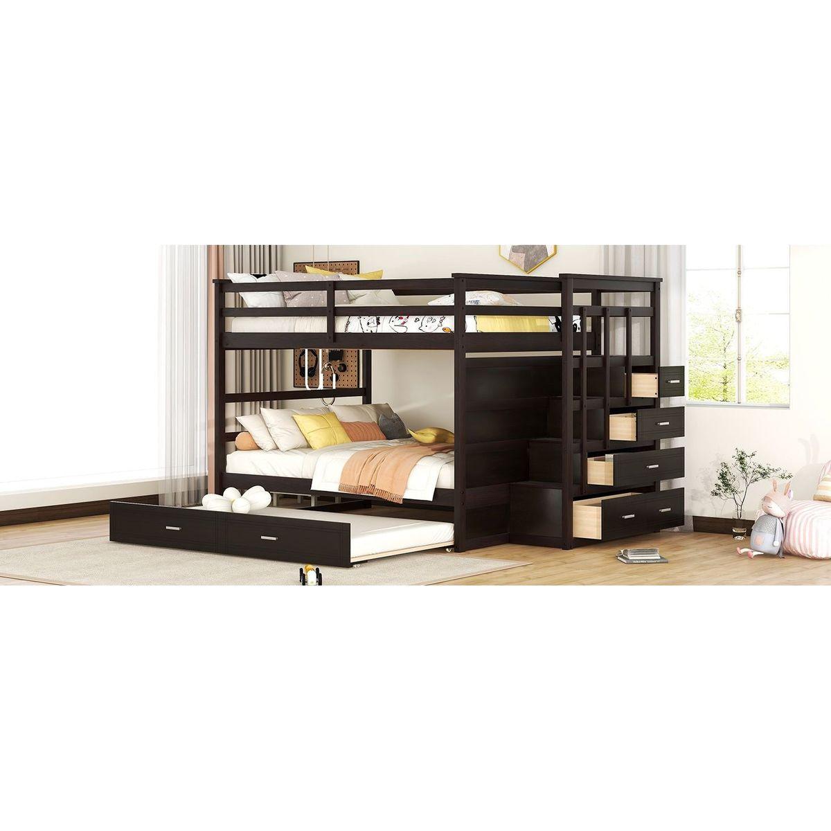 Full Over Full Bunk Bed with Twin Size Trundle and Staircase, Espresso