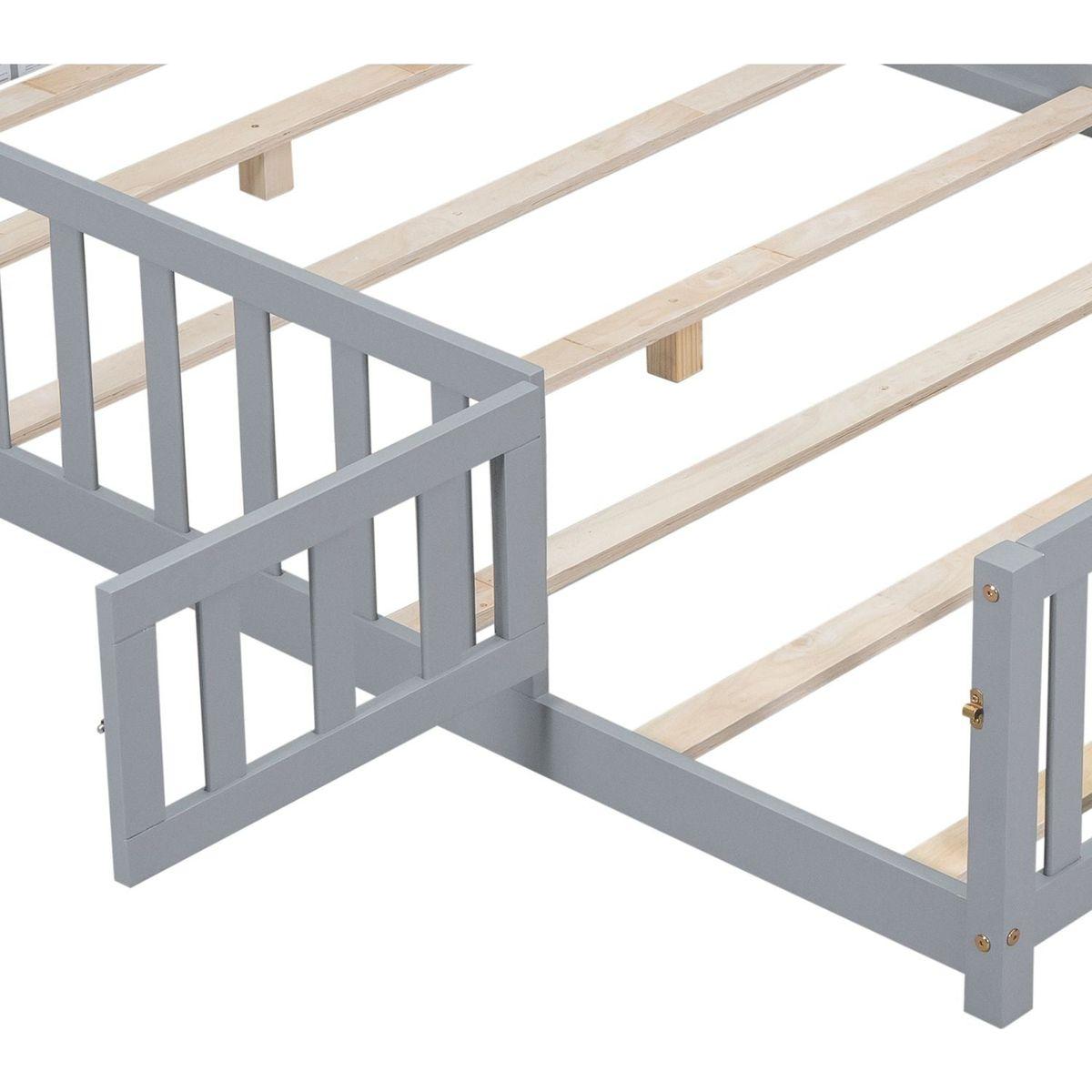 Full Size Floor Platform Bed with Fence and Door for Kids, Montessori Floor Bed Frame with Support Slats for Toddlers, Wooden Floor Bed Grey