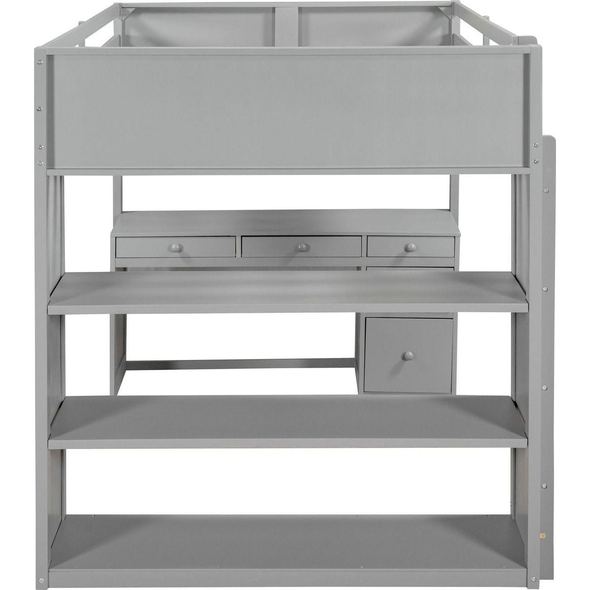 Full Size Loft Bed with Ladder, Shelves, and Desk, Gray