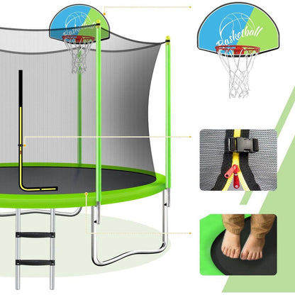 10FT Trampoline for Kids with Safety Enclosure Net, Basketball Hoop and Ladder, Easy Assembly Round Outdoor Recreational Trampoline