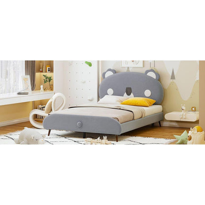 Full Size Upholstered Platform Bed with Koala-Shaped Headboard, Gray