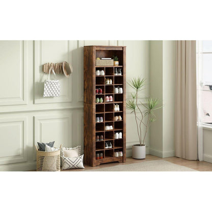 Stylish Design 30 Shoe Cubby Console, Contemporary Shoe Cabinet with Multiple Storage Capacity, Free Standing Tall Cabinet with Versatile Use for Hallway, Bedroom, Rustic Brown