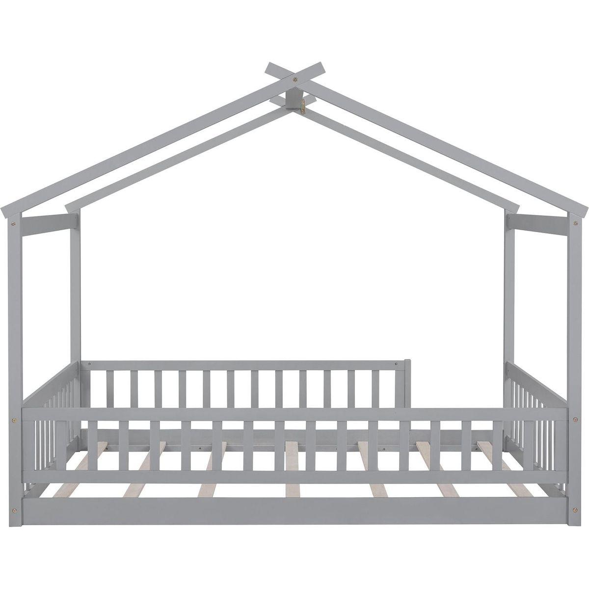 Full Size Wood Bed House Bed Frame with Fence, for Kids, Teens, Girls, Boys,Gray